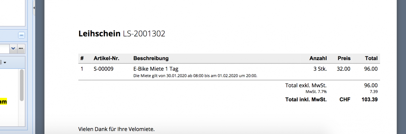 Screenshot des fertigen Leihscheins mit eingeblendeten Zusatzfeldern
