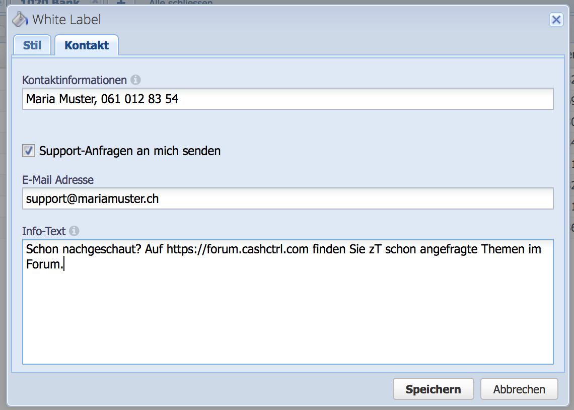 Screenshot der White Label Einstellungen mit dem Kontakt Reiter