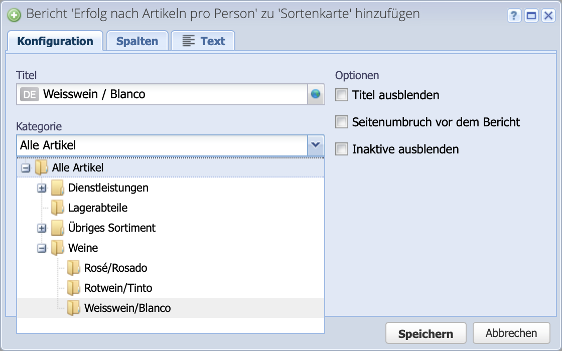 Screenshot of the configuration dialog of a report of the variety card