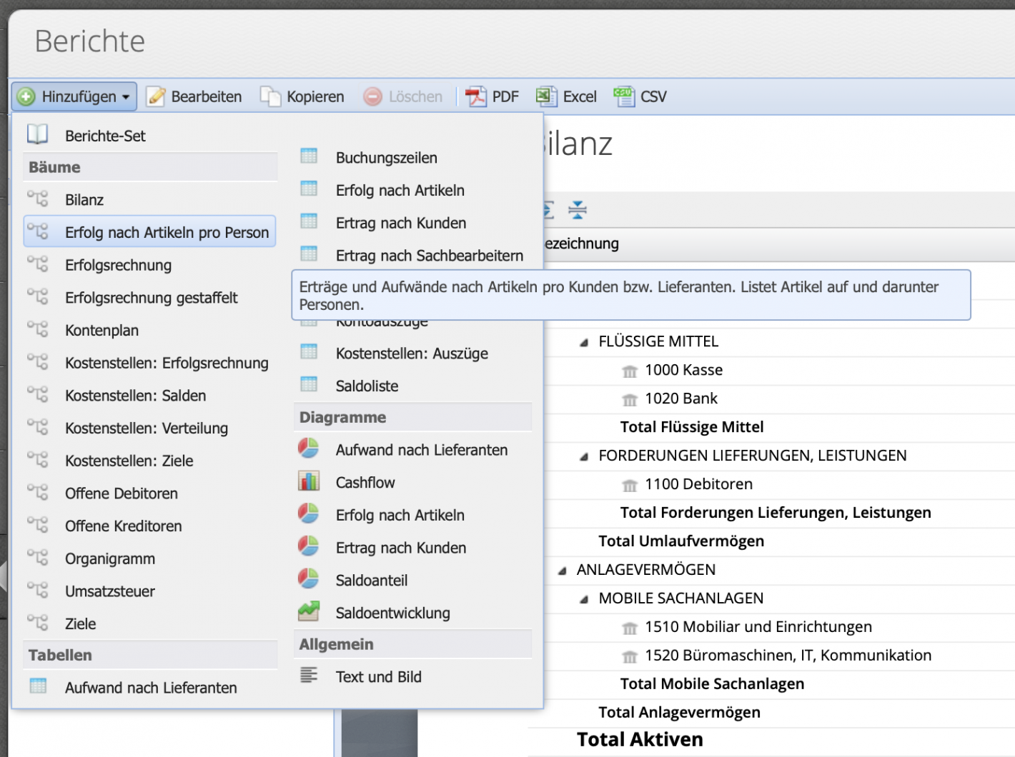 Screenshot of the dropdown menu for creating a new report in the Reports module