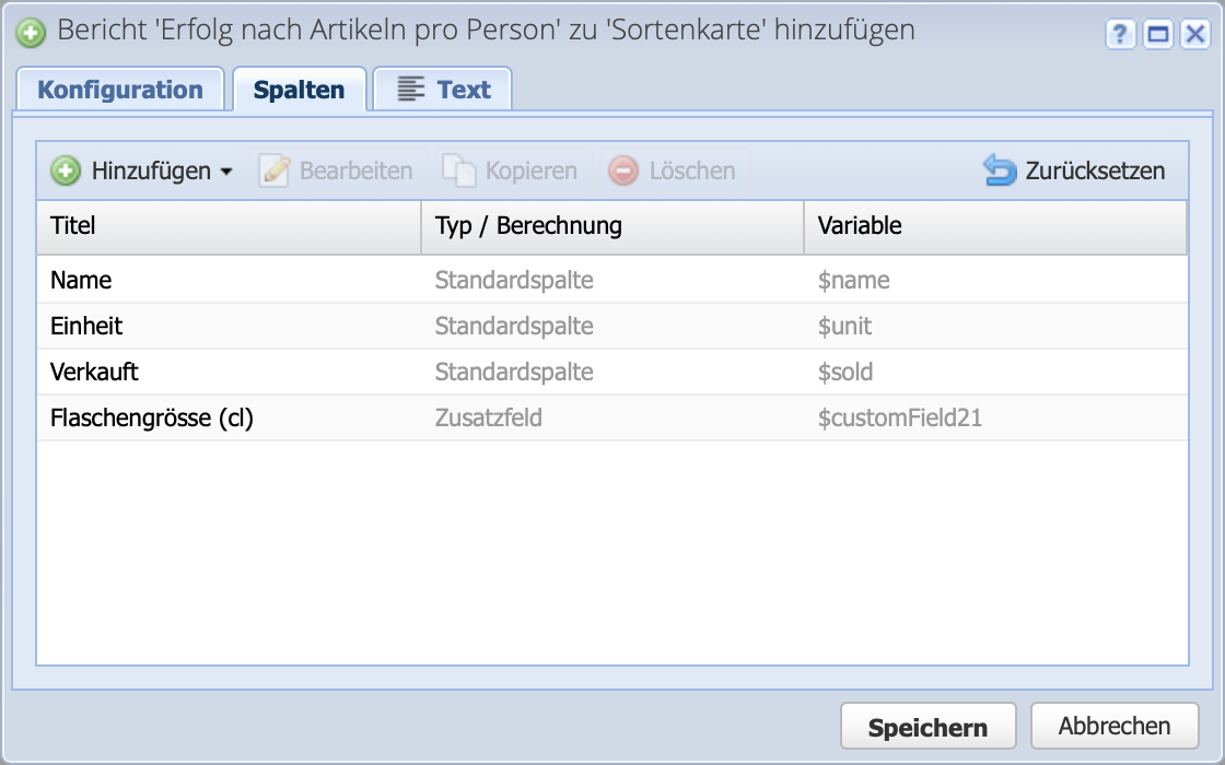 Screenshot of the configuration of a report with the columns tab, where columns can be added, deleted and moved.