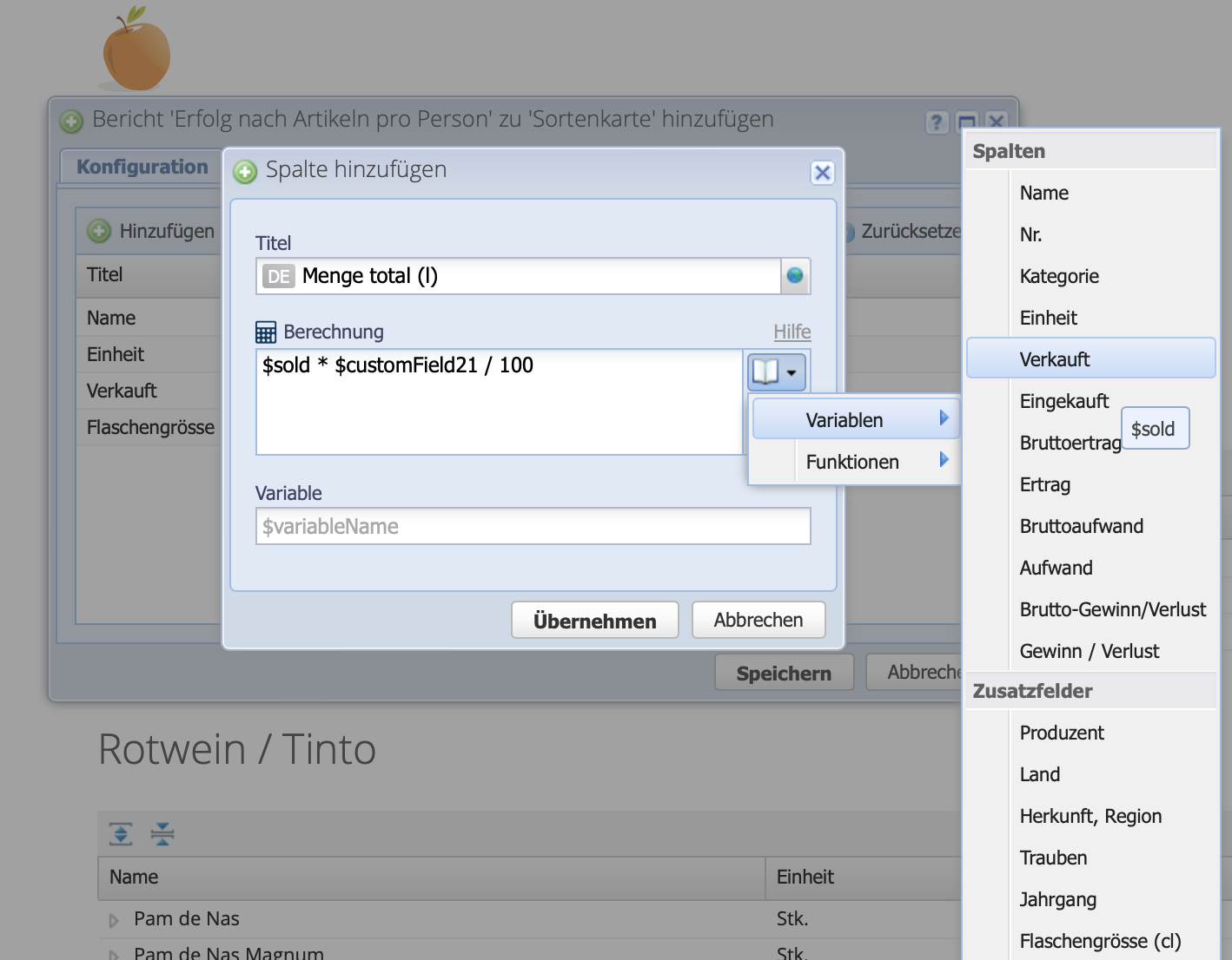 Screenshot of the configuration of a report with the addition of a custom column with a custom calculation