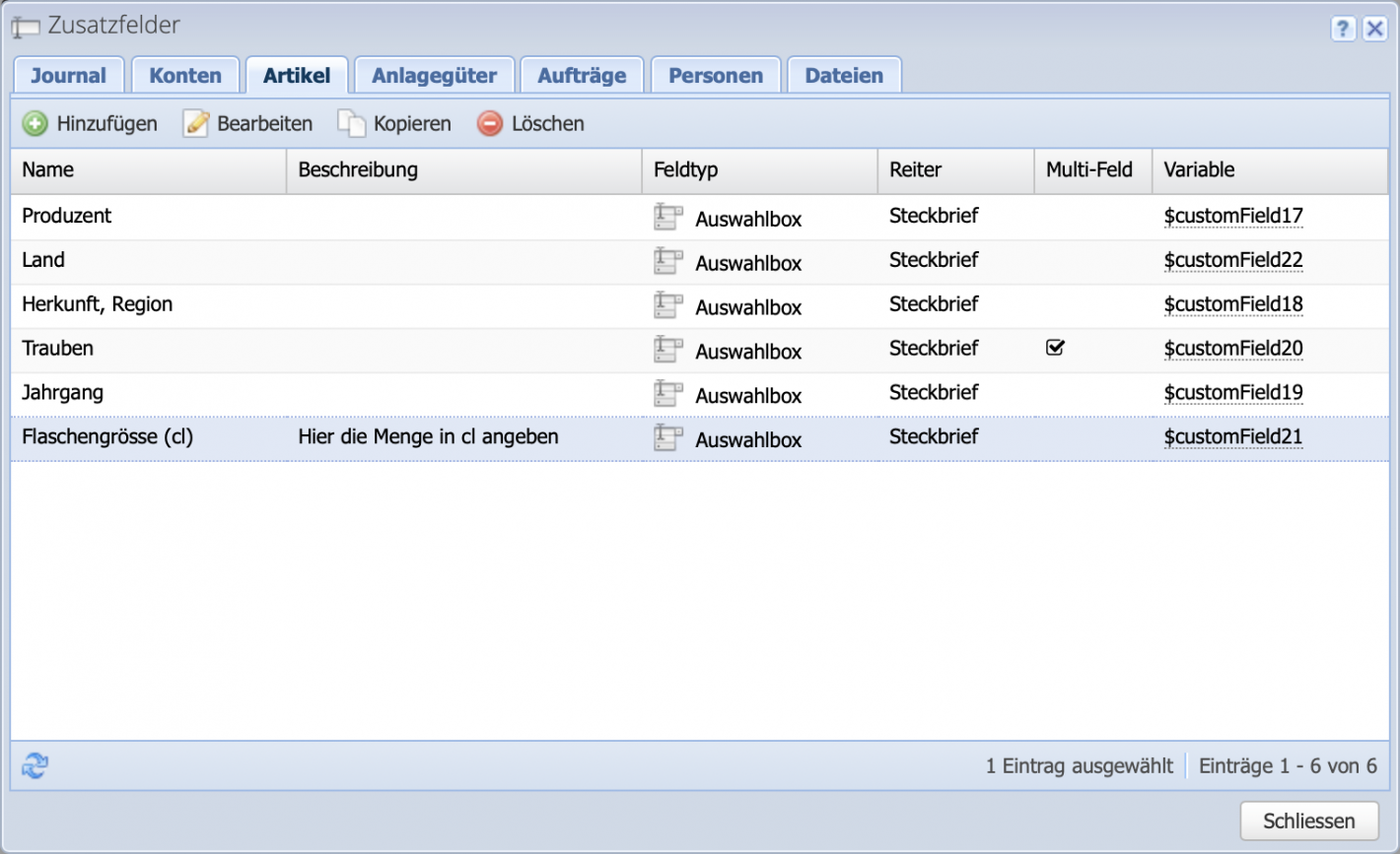 Screenshot of the custom fields required for the items in the variety card