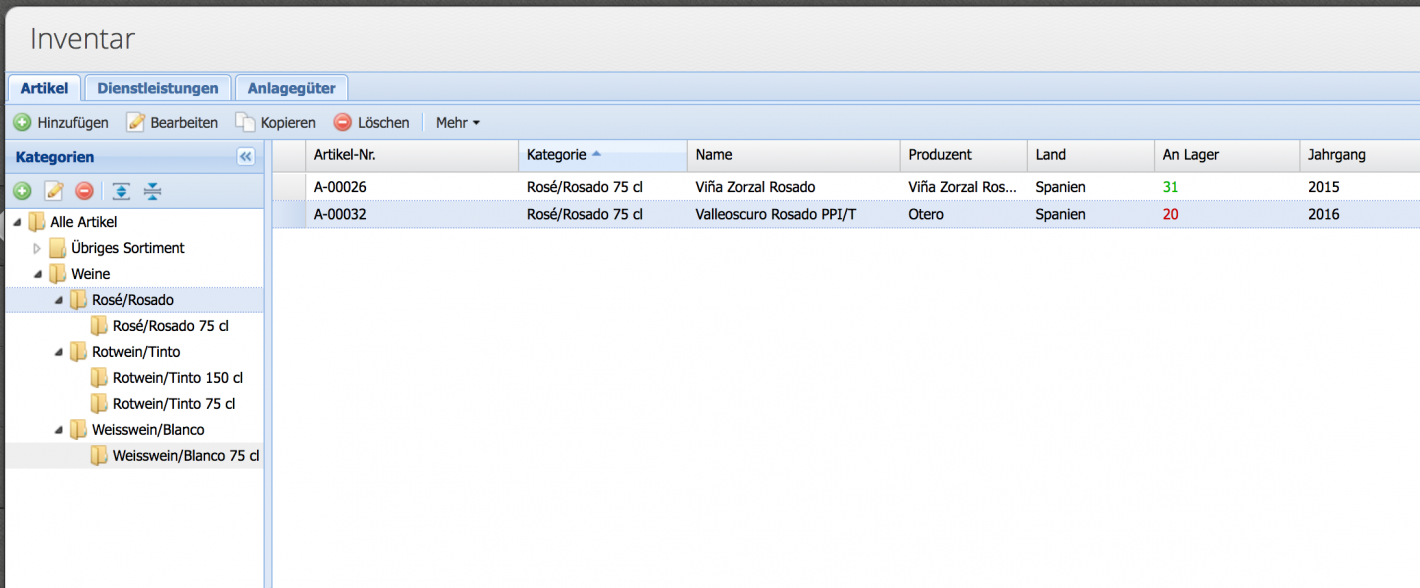 Screenshot of the inventory module for managing articles in CashCtrl