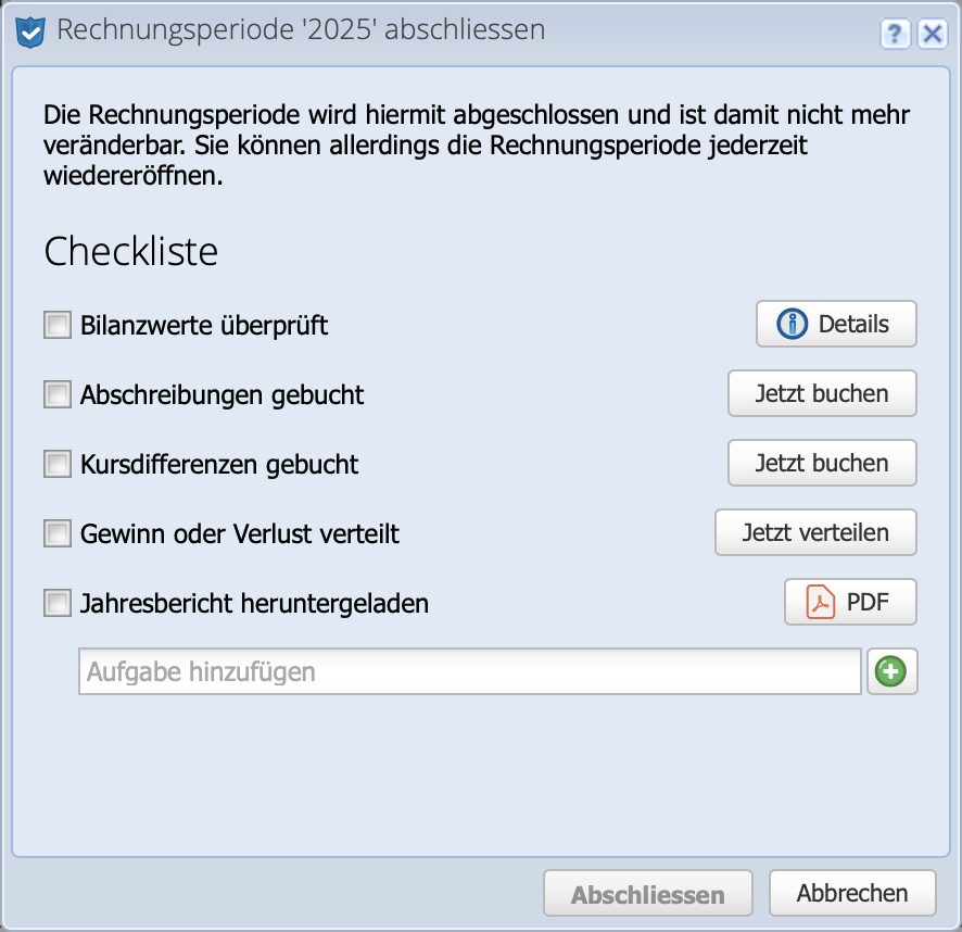 Screenshot of the checklist for the year-end closing