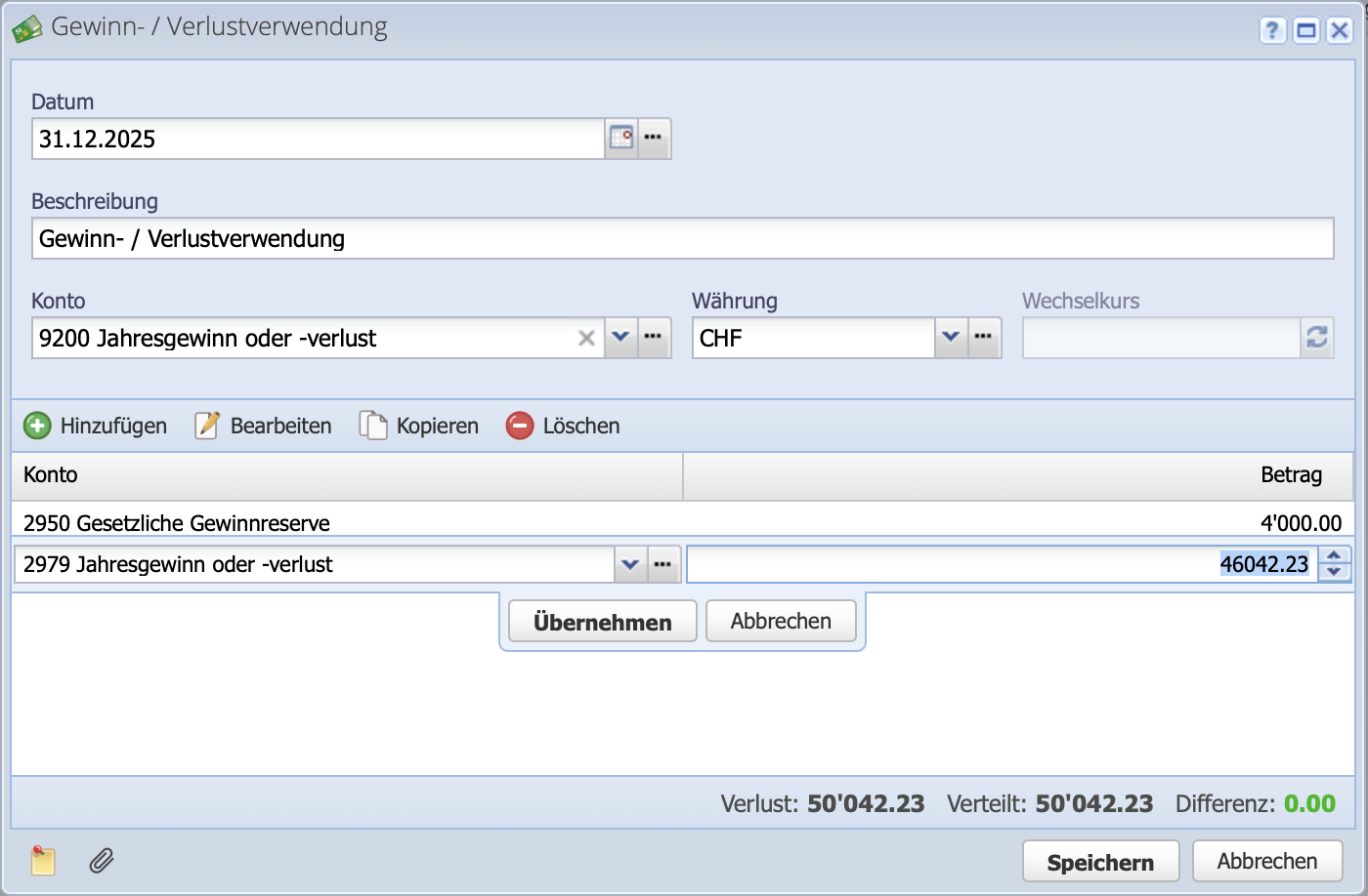 Screenshot of the appropriation of profit / loss