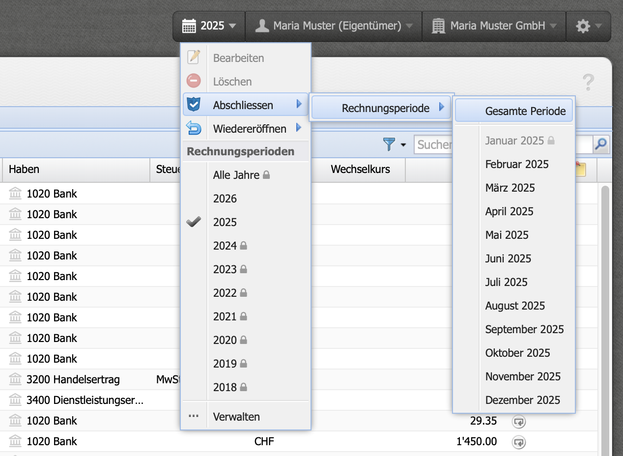 Screenshot of the meta menu where the fiscal period is completed