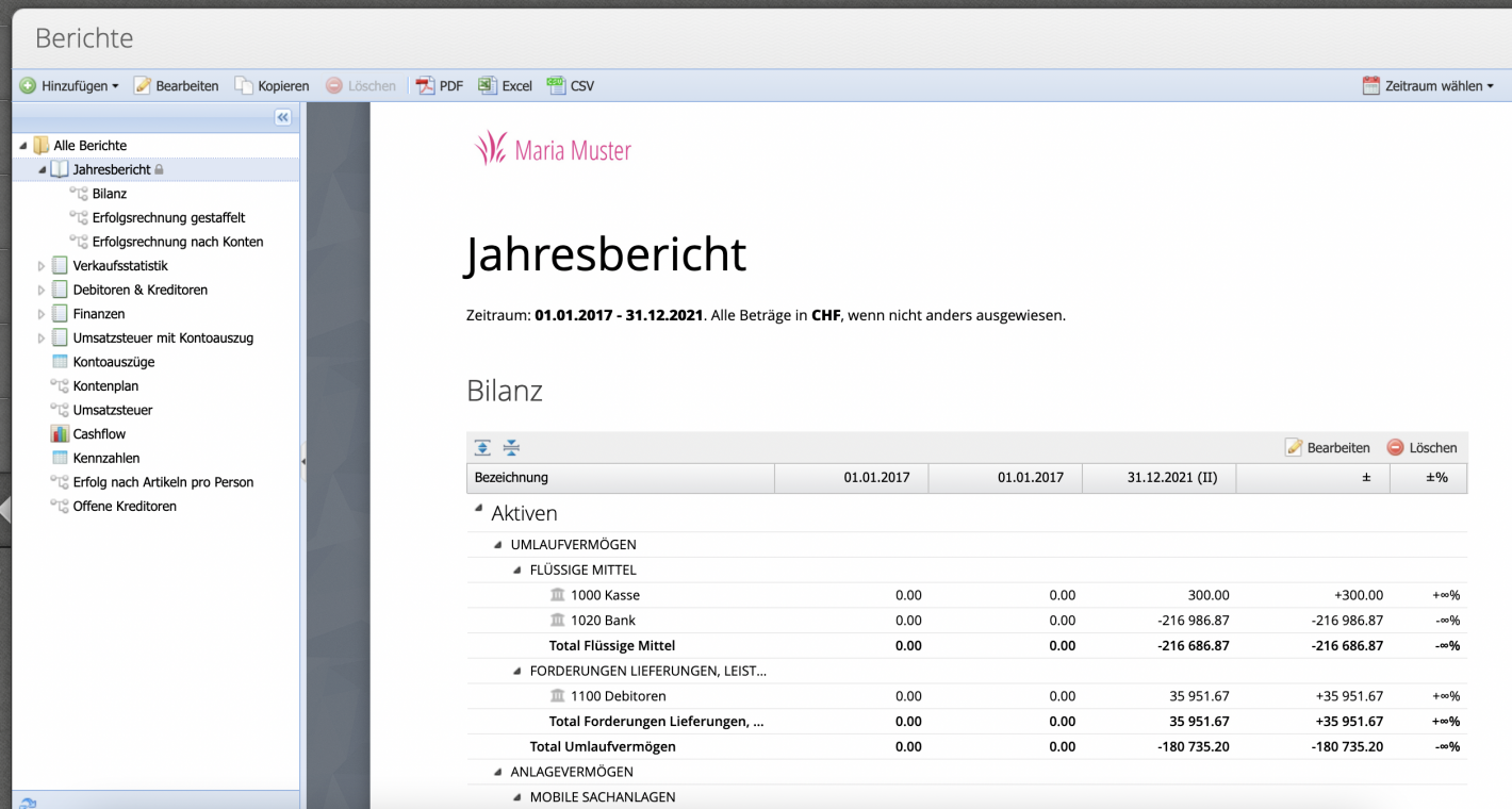 Screenshot CashCtrl Jahresabschluss in der Software.