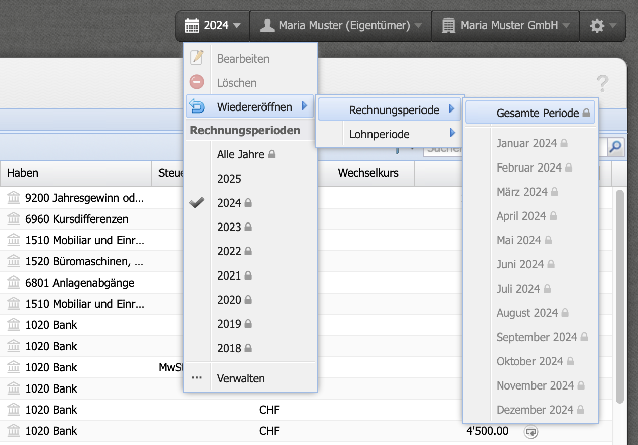 Screenshot of the opened dropdown menu to reopen a fiscal period