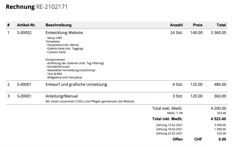 Screenshot der Rechnung mit aufgeführten Teilzahlungen