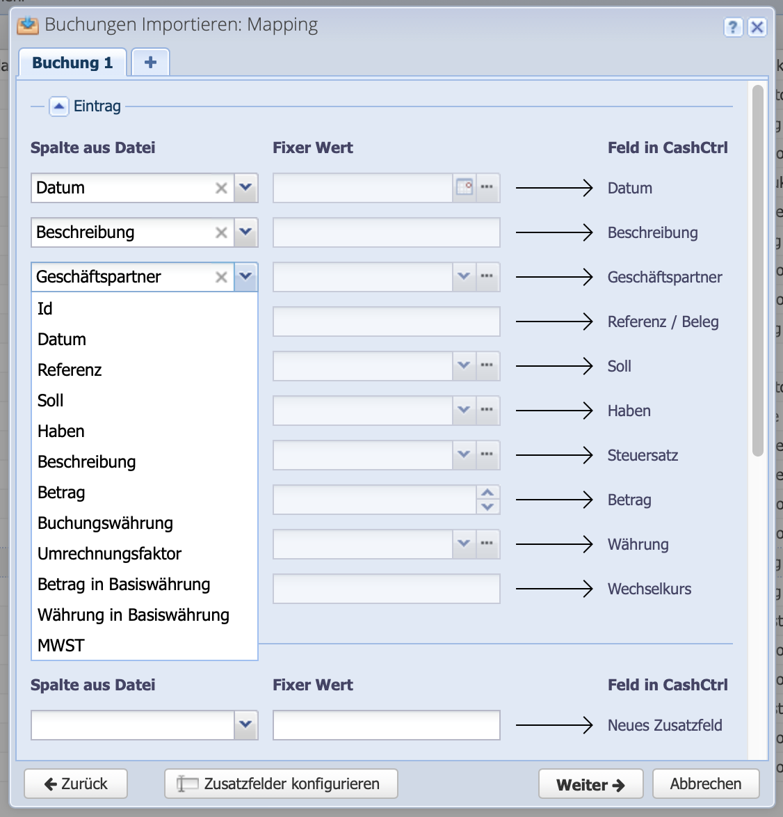 Screenshot of the mapping dialog when importing bookings via Excel or CSV file