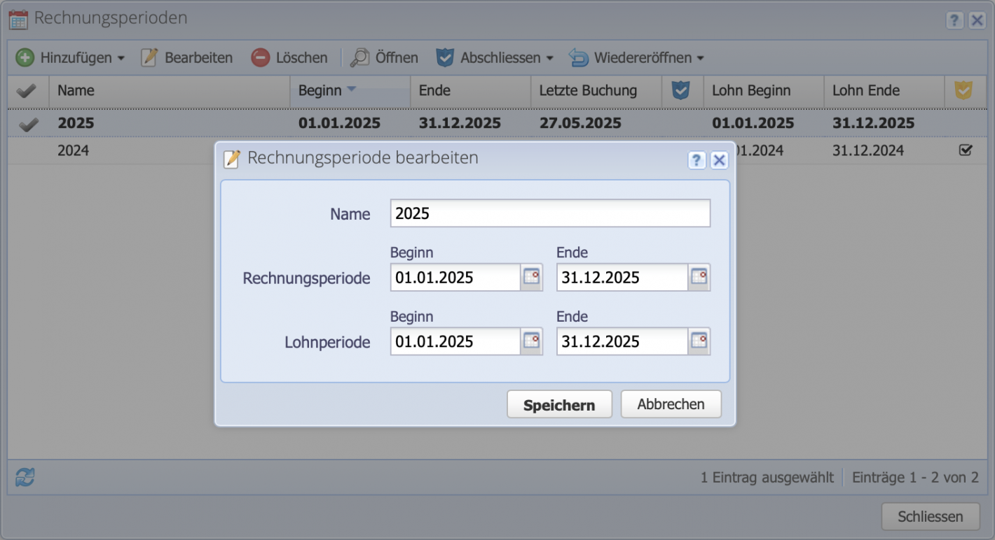 Screenshot der Rechnungsperioden Verwaltung