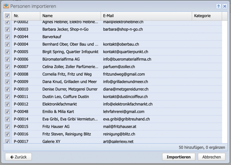 Screenshot der Vorschau, welche Kontakte zum Import ausgewählt wurden
