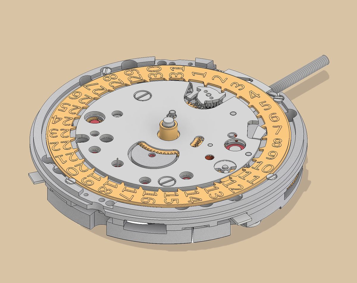Detailiertes 3d Modell des Open Source Uhrwerks mit Datumsanzeige