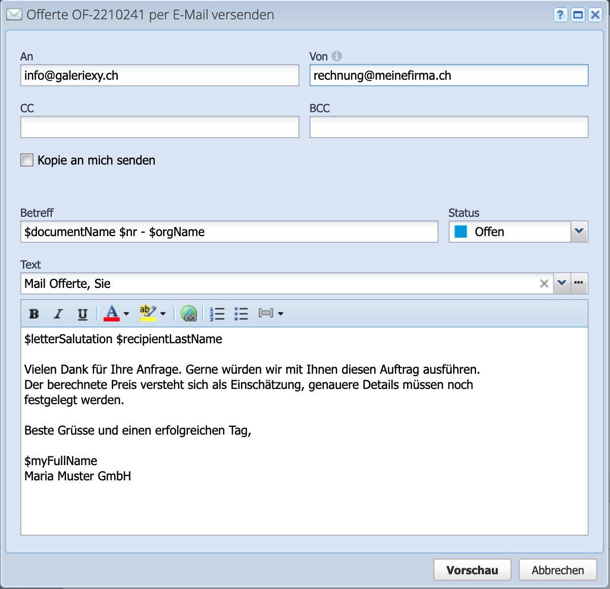 Screenshot of the draft dialog when sending documents by email from CashCtrl