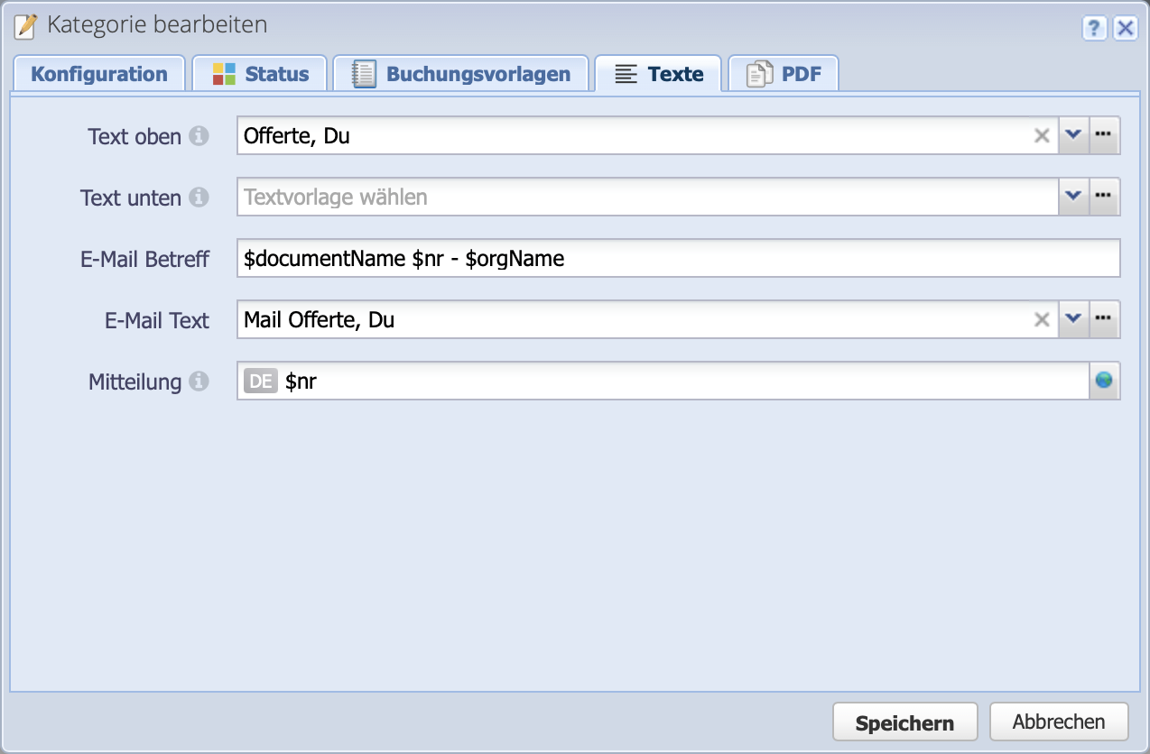 Screenshot of setting default text template in order category 