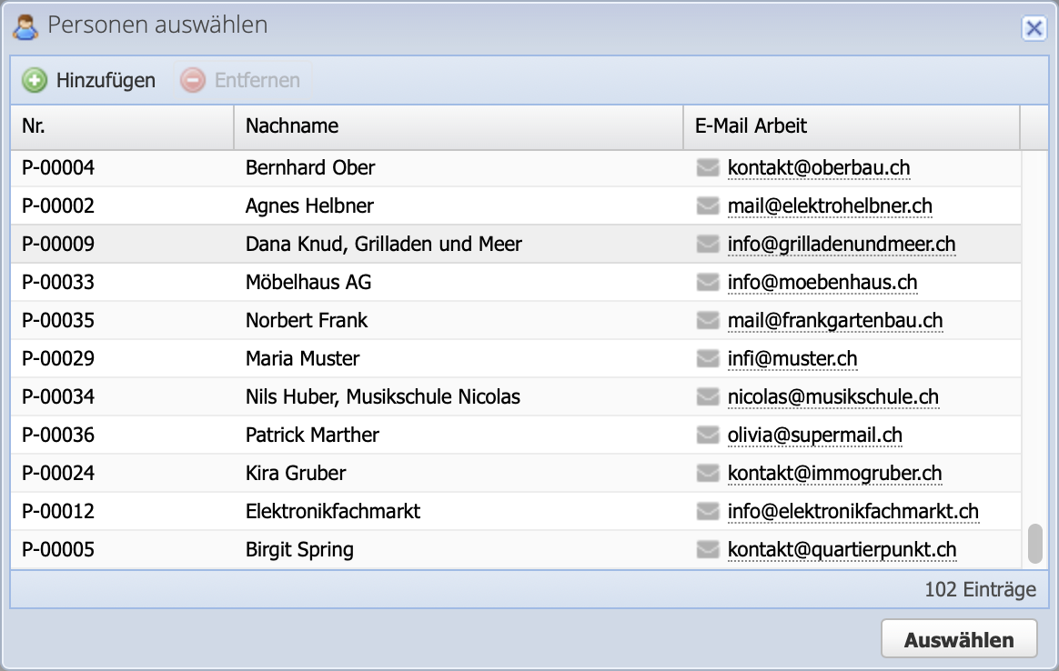 Screenshot: List of selected contacts