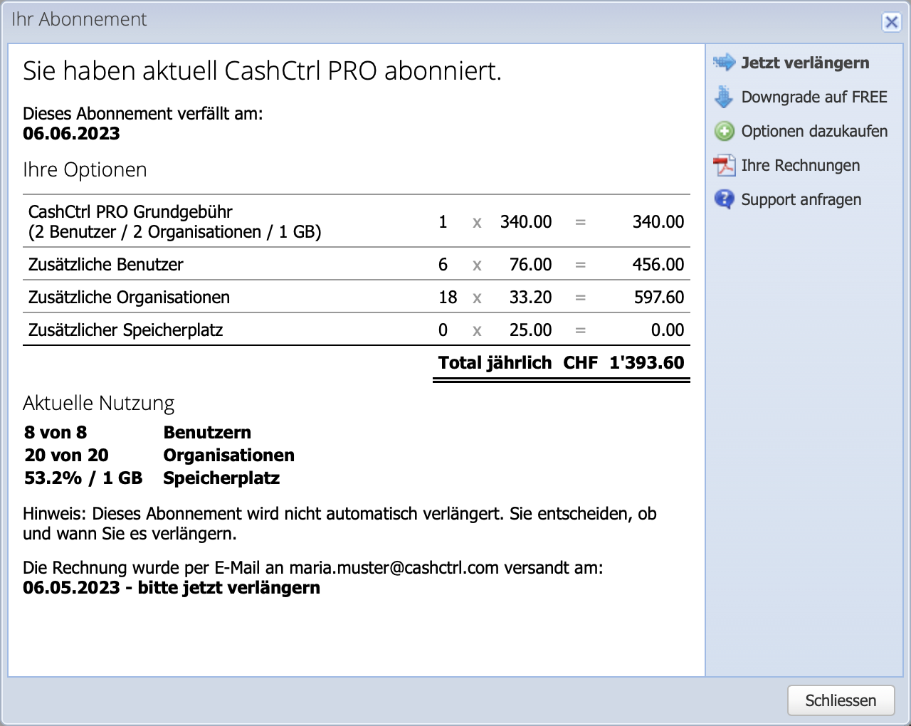 Screenshot der Abonnement Übersicht in CashCtrl