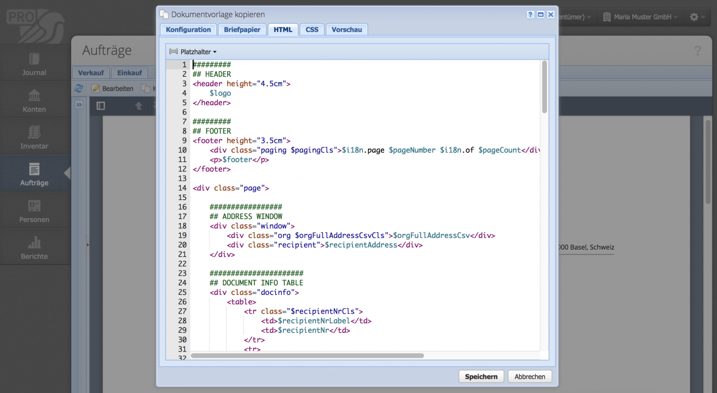 Screenshot of the HTML/ CSS editor for document templates in CashCtrl