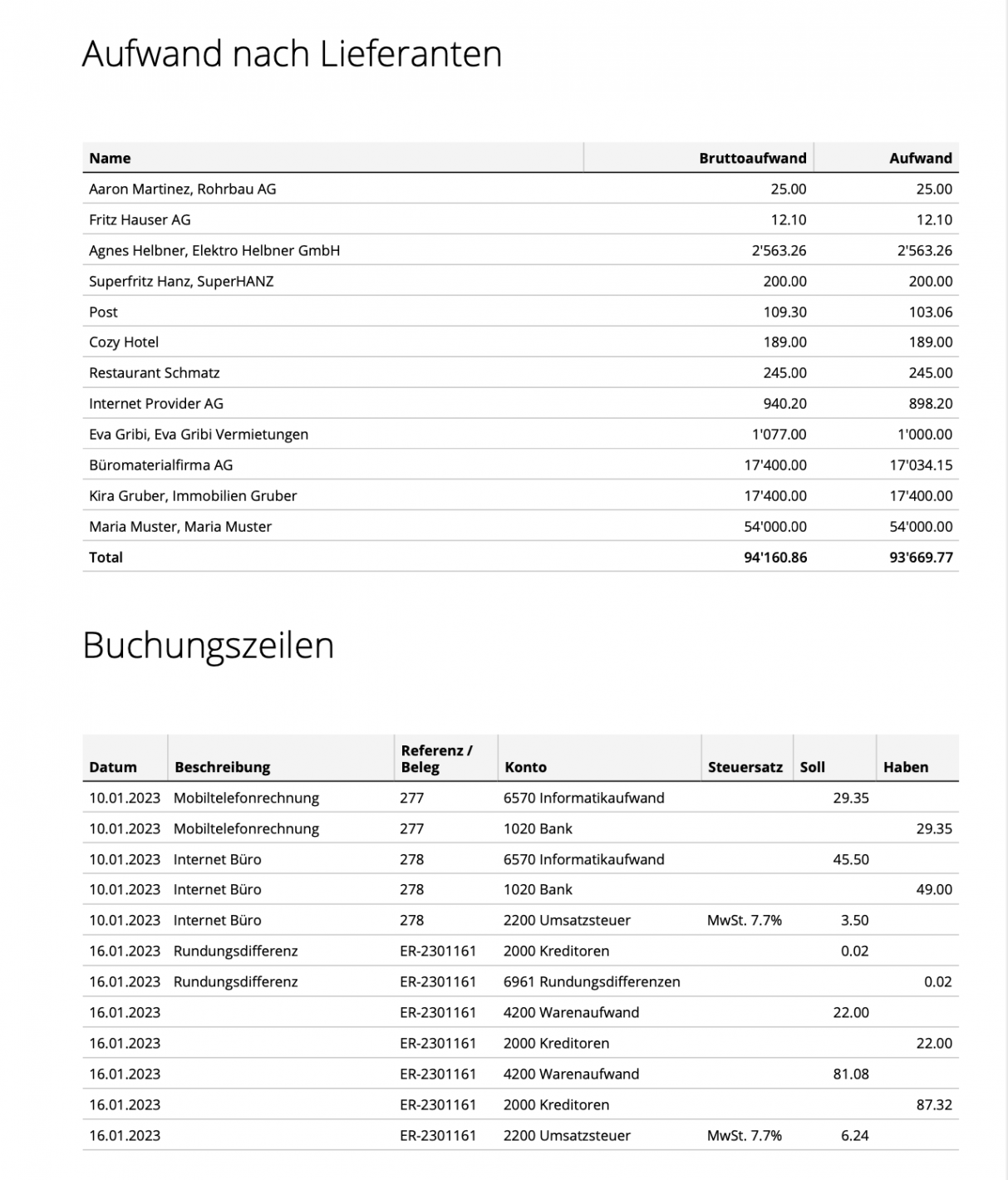 Screenshot report set with expense by supplier and booking lines report