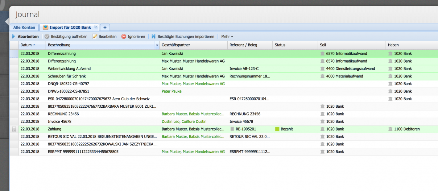 Screenshot of an import session for bank transactions via camt file