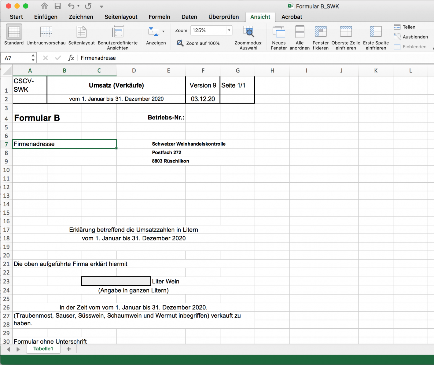 Excel screenshot of the Form B of the Swiss Wine Trade Control SWK
