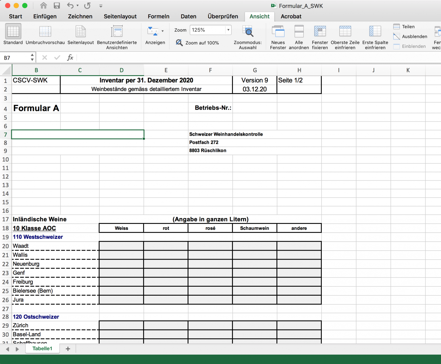 Excel screenshot of the Form A of the Swiss Wine Trade Control SWK