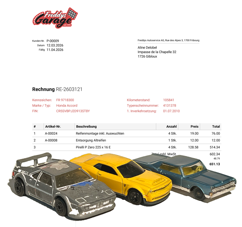 Screenshot of a garage invoice with custom fields