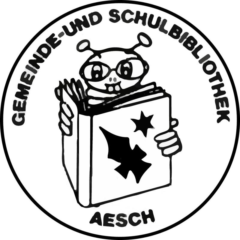 Logo Gemeindebibliothek Aesch (B&uuml;cherwurm mit Brille und Buch)