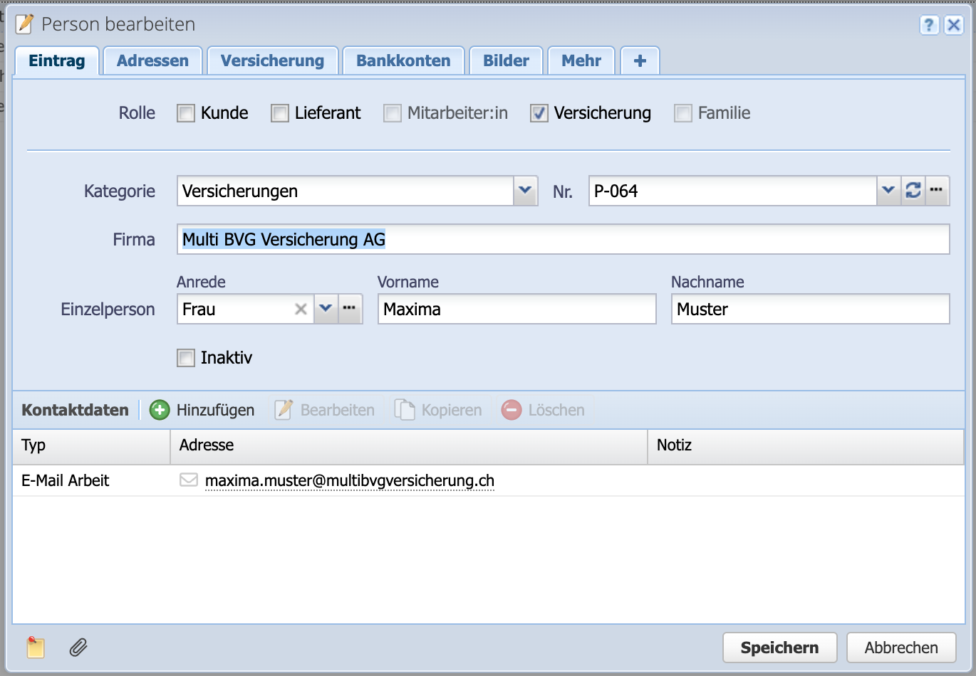 Screenshot Edit contact dialog of an insurance company