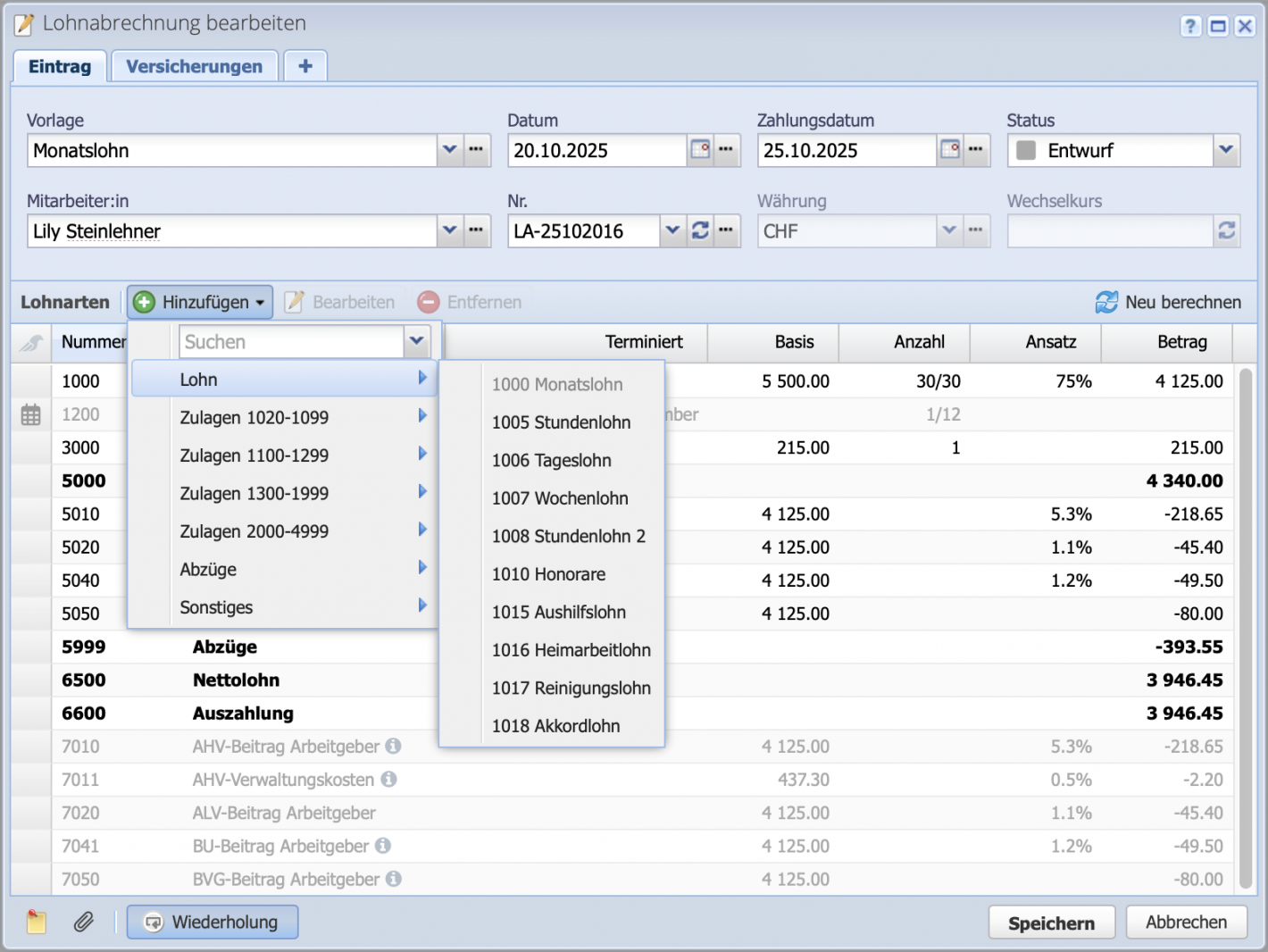 Screenshot of the edit dialog for a payroll statement