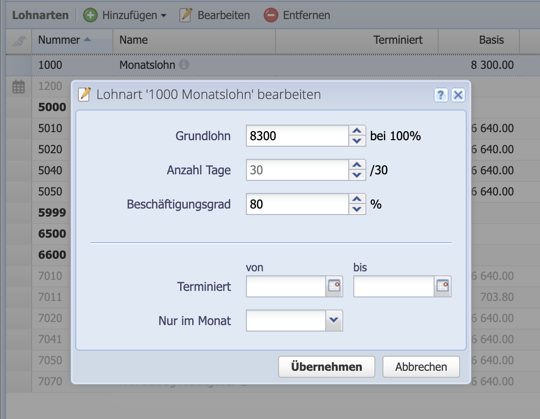 Screenshot of the edit dialog for salary type 1000 Monthly salary
