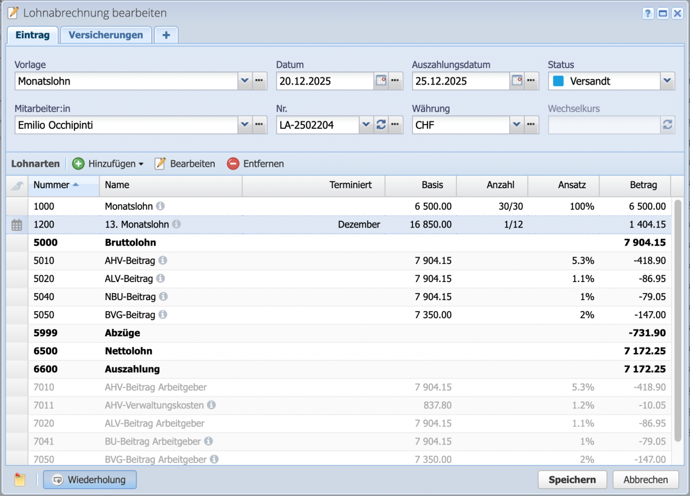 Screenshot of the edit dialog for a payroll statement