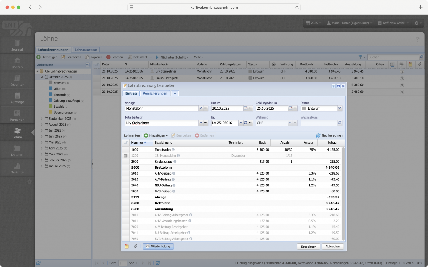 Screenshot of the Salaries section with a payslip in the Edit window