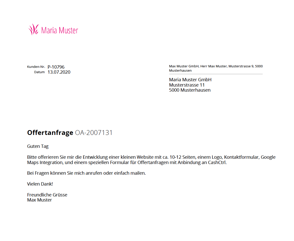 Screenshot einer Offertenanfrage im Programm