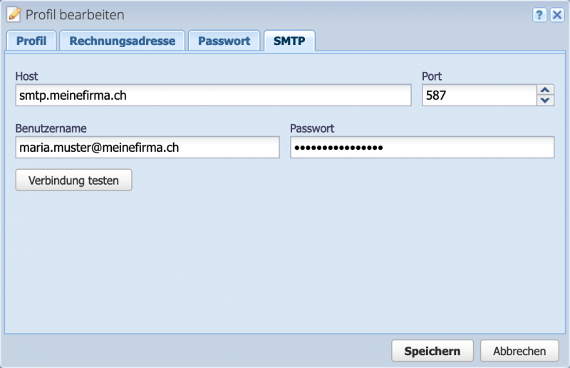 Screenshot der Benutzerprofil Einstellungen mit dem SMTP Reiter