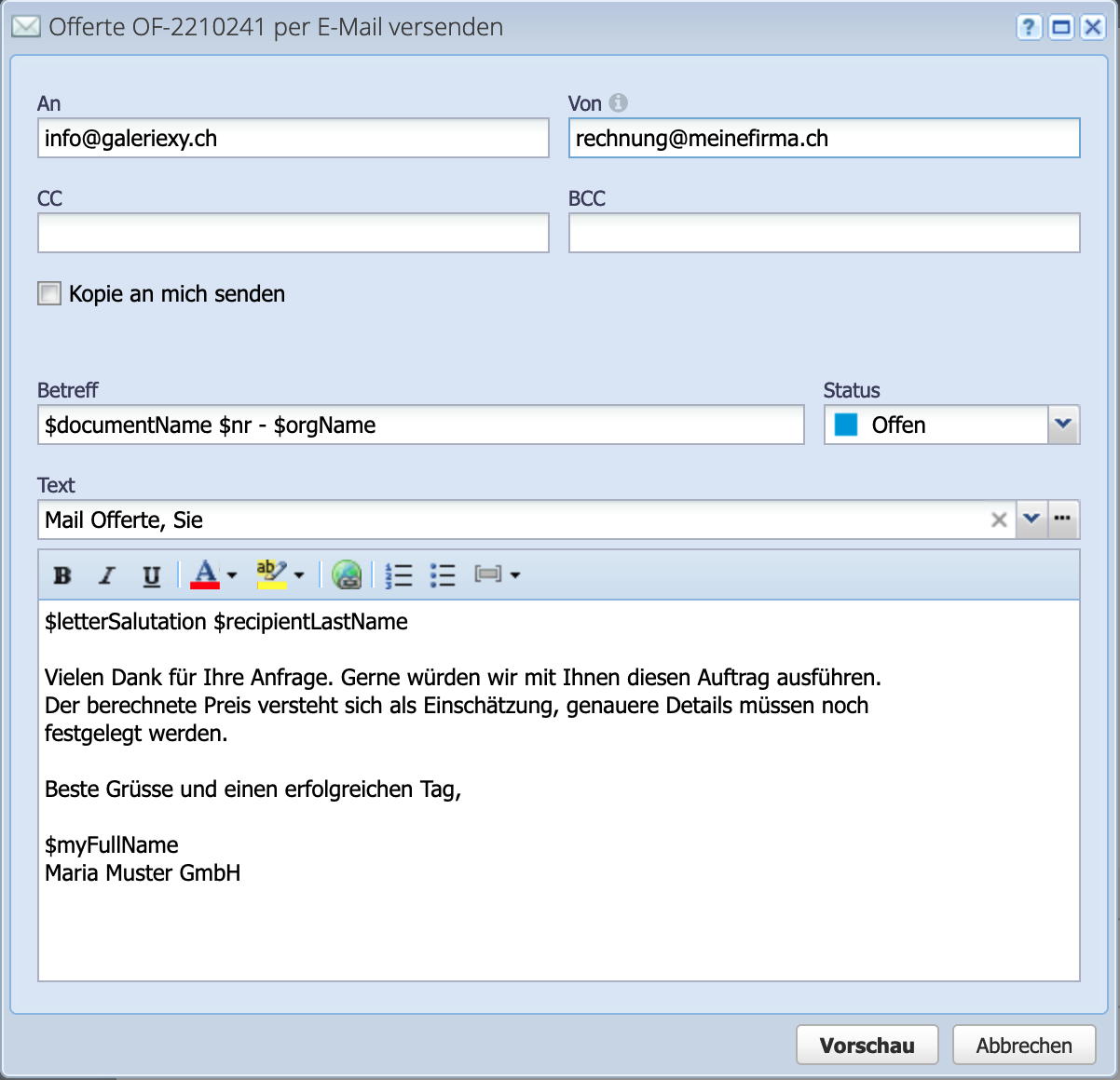 Screenshot des Entwurf Dialogs beim Versand von Dokumenten per Email aus CashCtrl