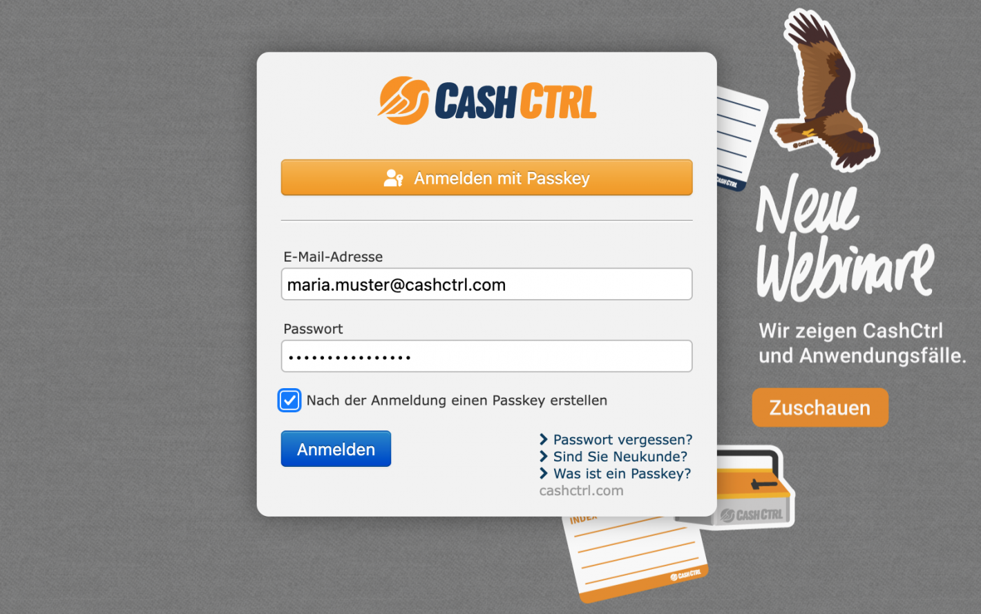 Screenshot der Anmeldemaske mit dem Button Login mit Passkey
