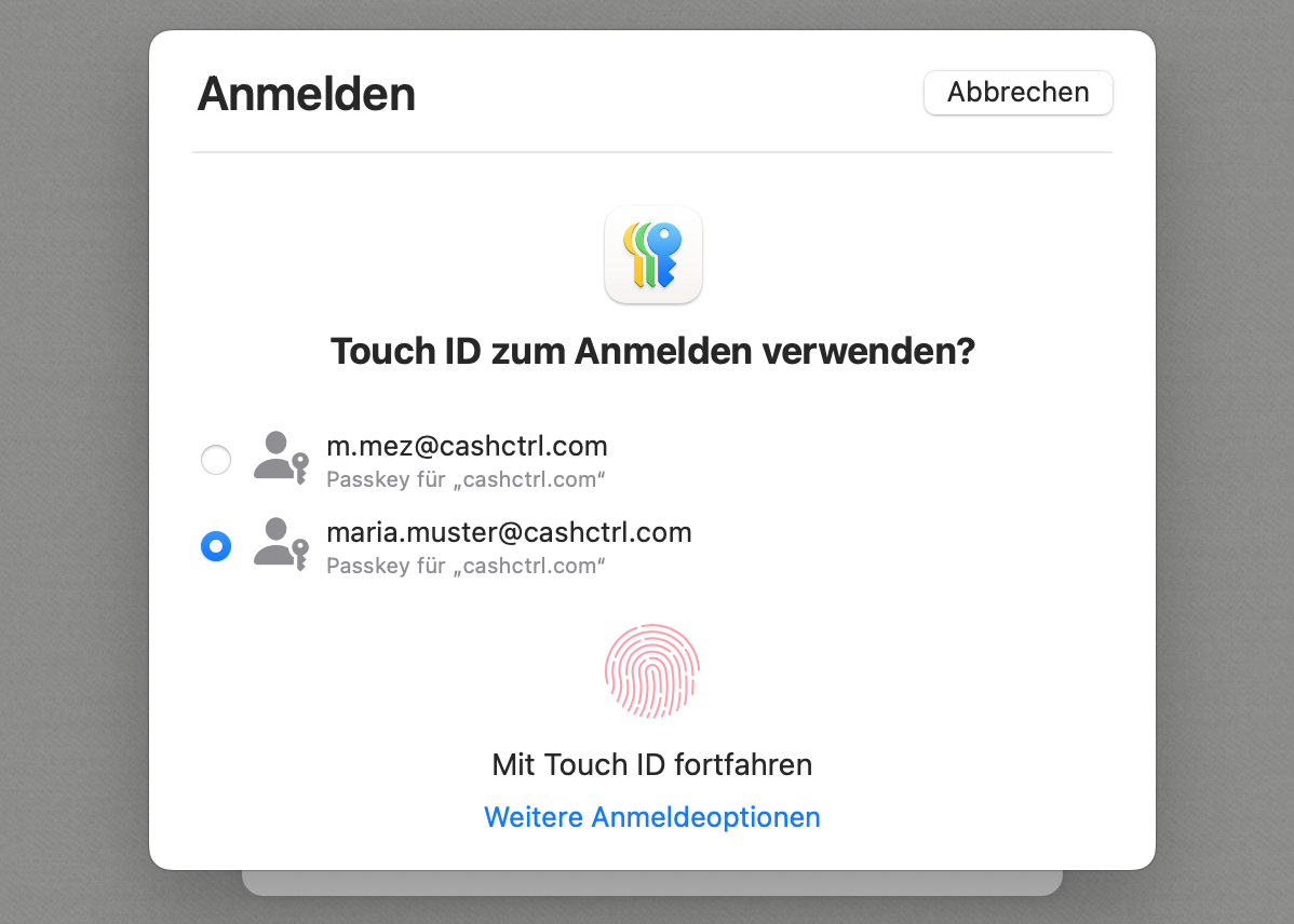 Screenshot des Mac System Dialogs zum Anmelden mittels Touch ID und Passkey