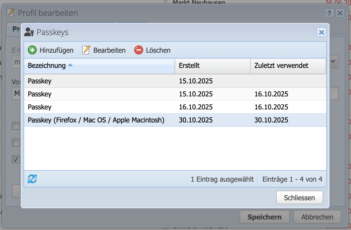 Screenshot der Passkey Verwaltung