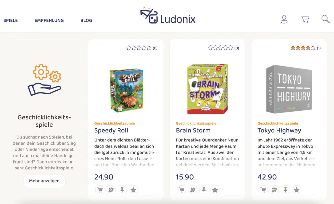 Ludonix Webshop Screenshot mit Brettspielen.